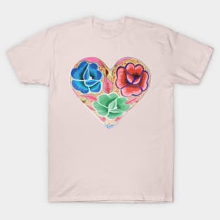 Mexican embroidery heart tehuana flowers pastel colors mexican market T-Shirt